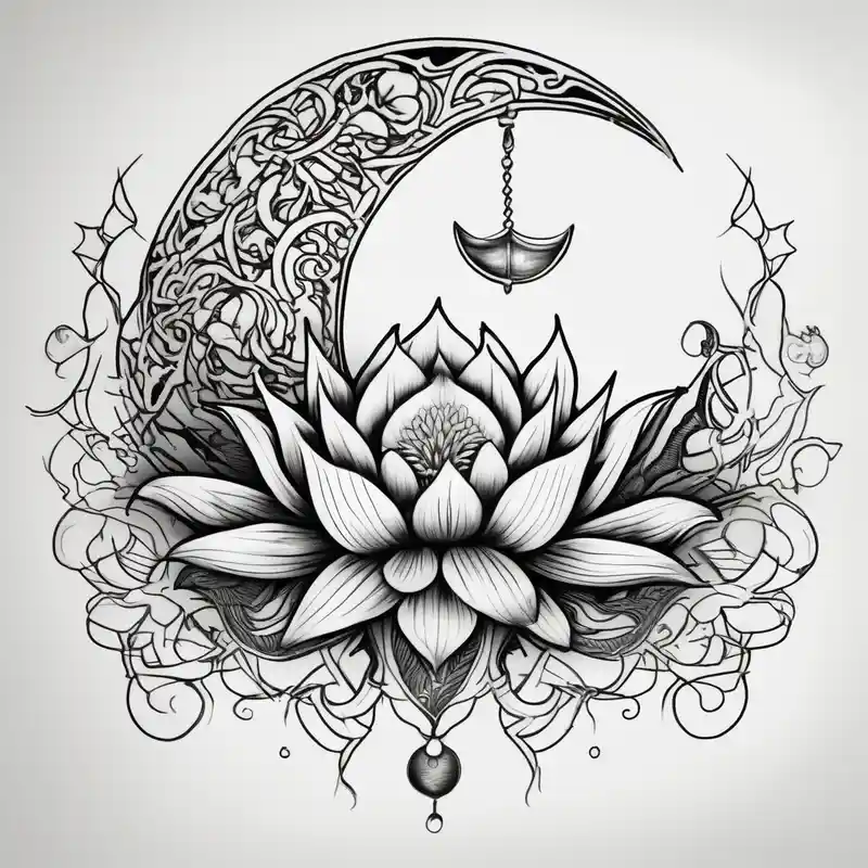 crescent floral moon with lotus flower floral sleeve tattoo – Sketch, Black and white
